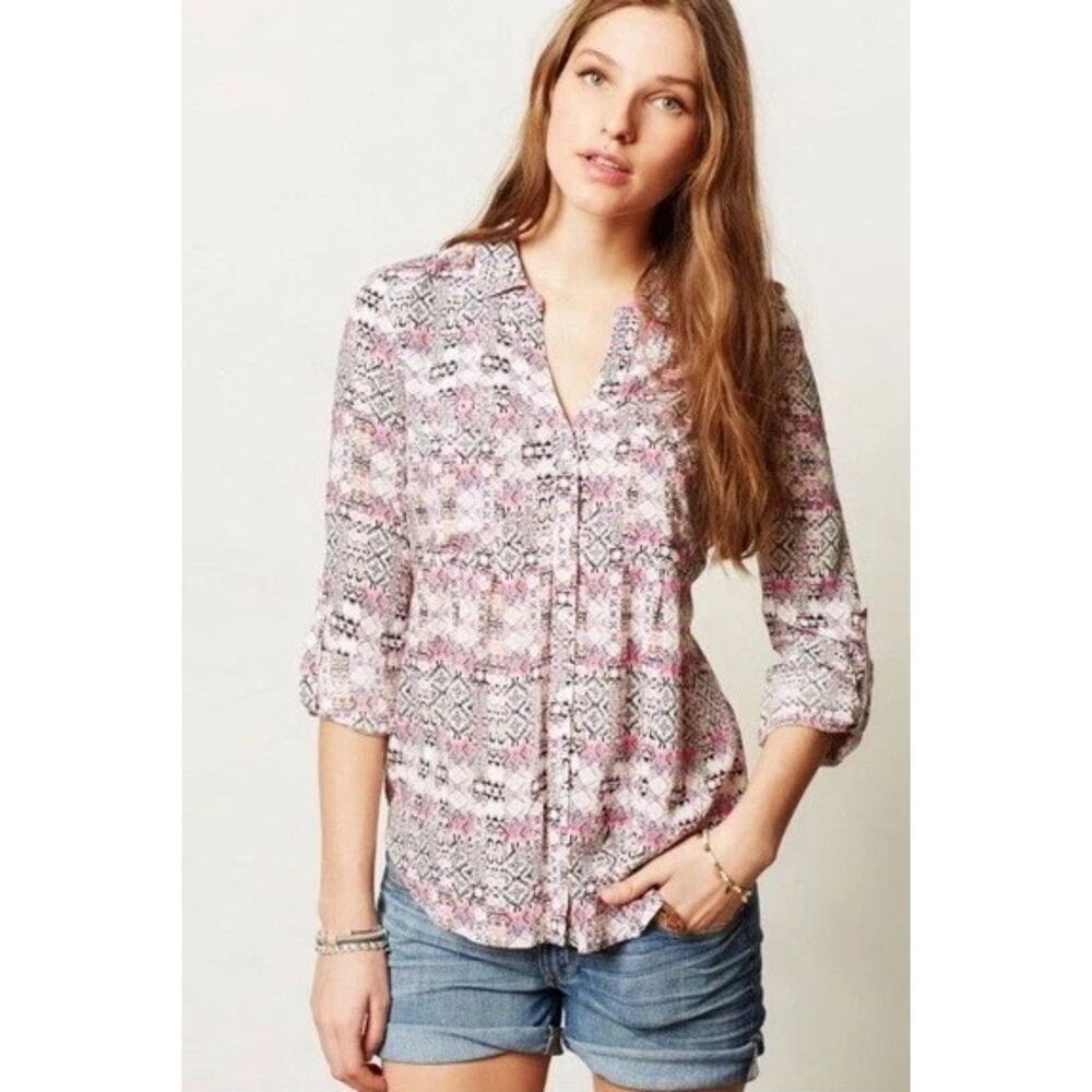 Maeve Anthropologie Islet Button Front Printed Long Sleeve Blouse Purple XSmall
